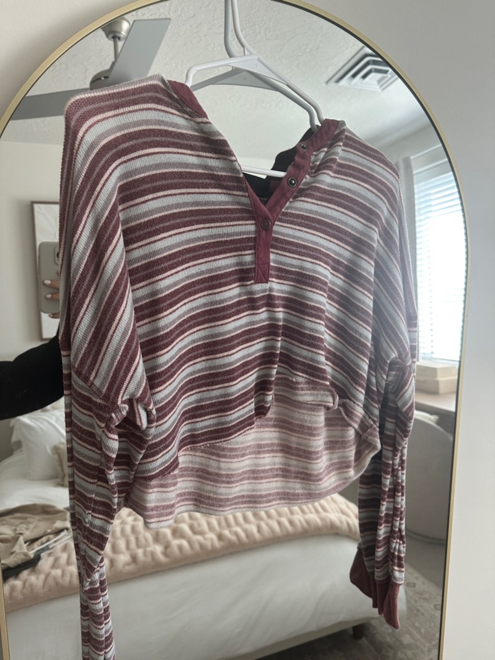 Urban Outfitters Striped Long Sleeve Henley in Mauve and White
